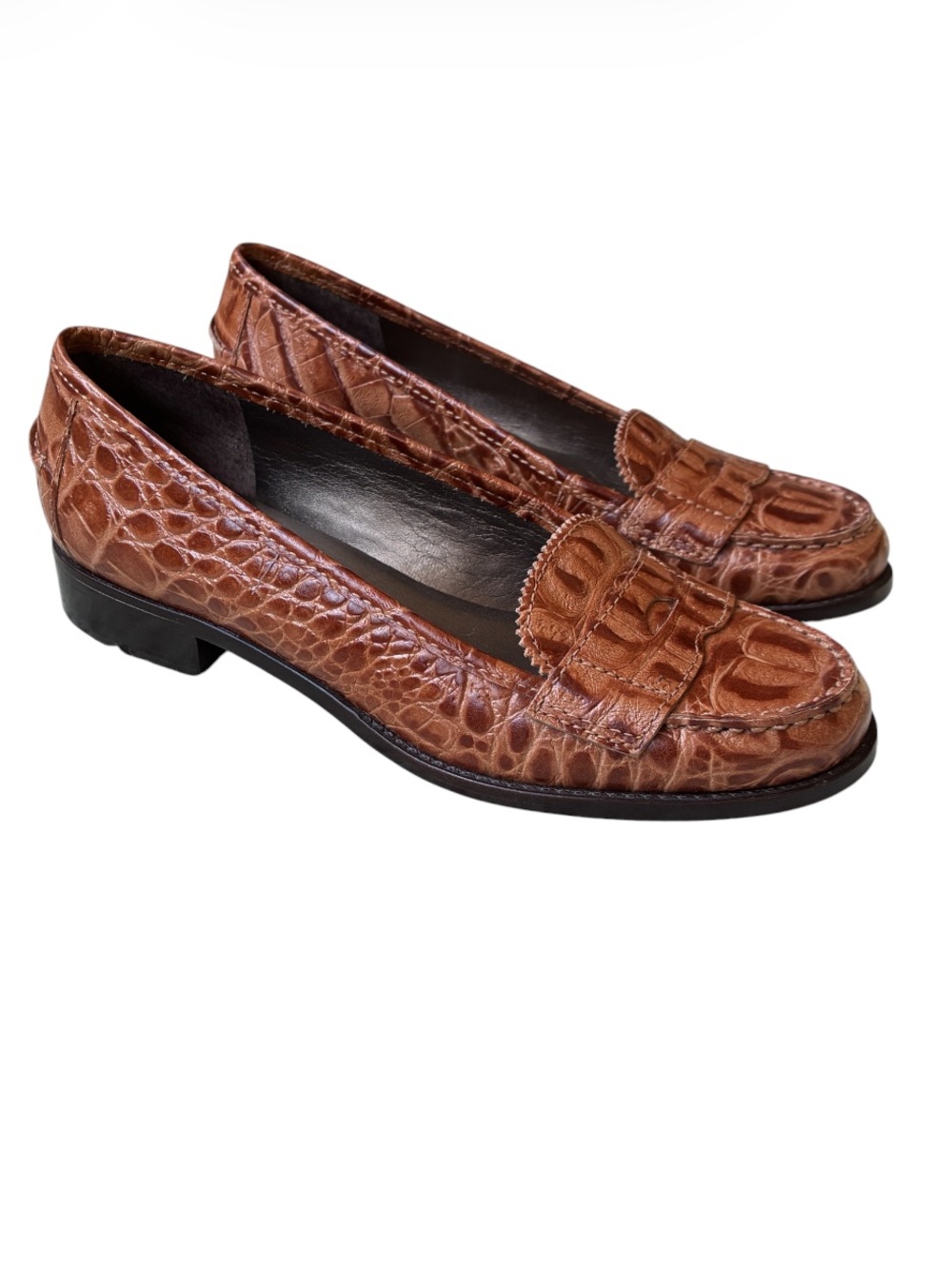 Talbots Women's Brown Croc Embossed Leather Penny Loafers Size 7 AA